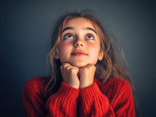 A teen beautiful girl reacting with awe, both hands clasped loosely under her chin, eyes wide and shining as she looks upward.
