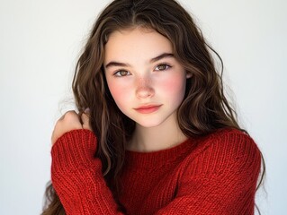 A teen beautiful girl pretending to be serious, lips pressed together and arms folded tightly, 