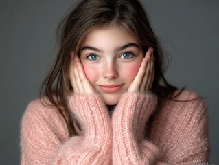 A teen beautiful girl pretending to be scared, with both hands up near her face in a playful,