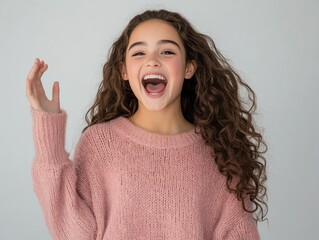 A teen beautiful girl shouting with excitement, mouth open mid-joyful yell, one hand lifted high with energy 
