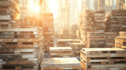 A Warm Sunset Glows Over a Stacked Array of Wooden Pallets at a Warehouse, Creating an Inviting and Rustic Industrial Atmosphere Captured in Soft Light