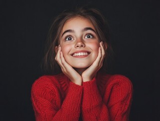 A teen beautiful girl reacting with awe, both hands clasped loosely under her chin, eyes wide and shining as she looks upward