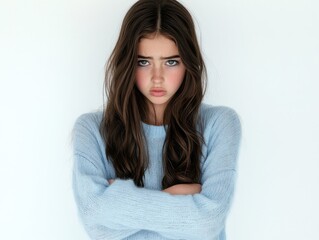 A teen beautiful girl looking slightly angry, her eyebrows furrowed and lips pressed together as she crosses her arms loosely across her ches