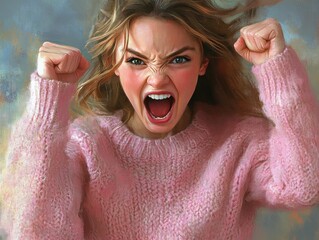A teen beautiful girl shouting with excitement, mouth open mid-joyful yell,