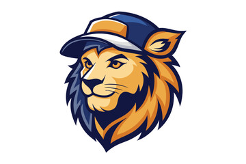 Cartoon lion head wears a blue and golden baseball cap on a white background