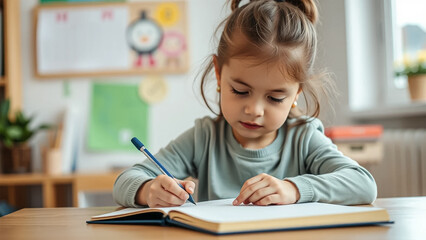 Fototapeta premium Kid Writing on Notebook and Pen in Classroom