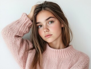 A teen beautiful girl looking sarcastic, rolling her eyes slightly as one hand supports her head, elbow resting across her midsection. 