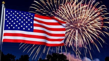 American flag waving against a night sky with colorful fireworks. The scene captures a festive atmosphere, symbolizing celebration and patriotism.