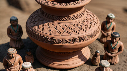 An intricately carved clay pot encircled by small statues of native figures on a sandy backdrop