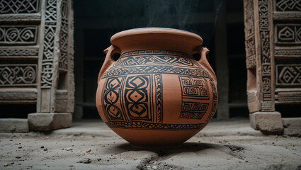 An ancient pottery vessel adorned with intricate black geometric patterns is illuminated by soft lighting