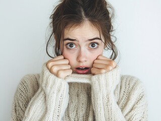 A teen beautiful girl looking scared, eyes wide with tension as she clutches the edge of her sweater tightly with both hands. 
