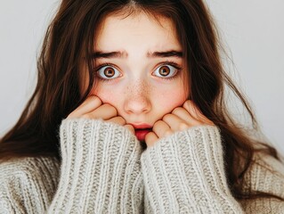 A teen beautiful girl looking scared, eyes wide with tension as she clutches the edge of her sweater tightly with both hands.