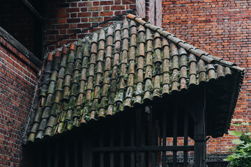 Mossy Clay Tile Roof on Historic Brick Wall