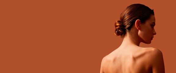 Elegant woman's profile, head tilted back. Warm light sculpts her neck and shoulders, highlighting skin texture against a warm brown backdrop.