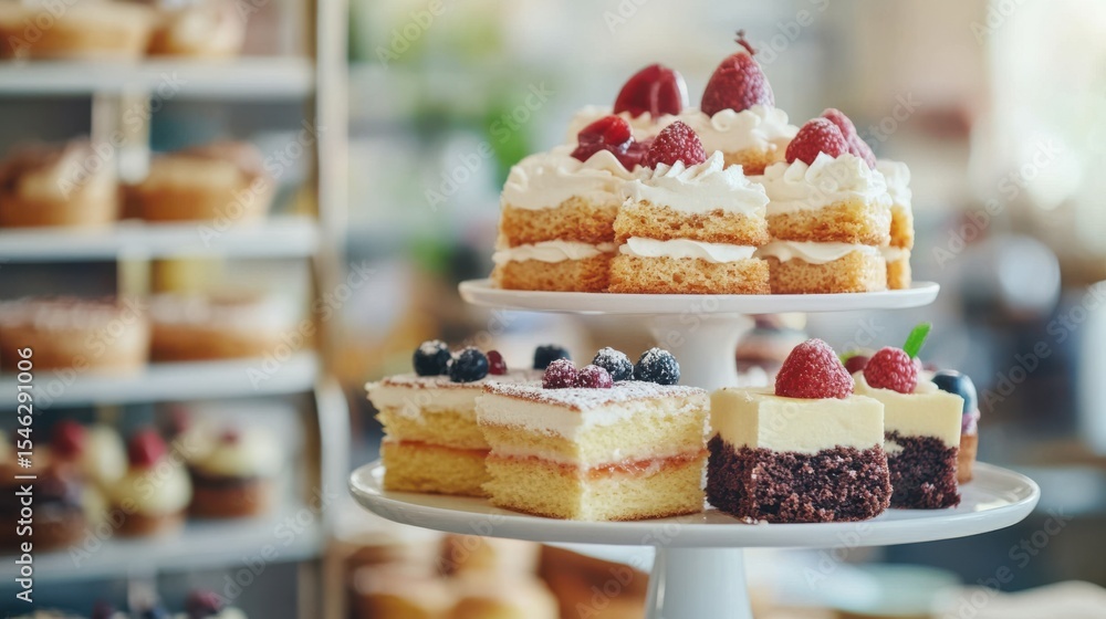 Poster Delicious and Colorful Dessert Display with Cakes and Berries in Bakery Setting