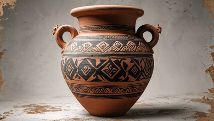 Ancient greek amphora pottery vessel with ornate black geometric decorations and handles.