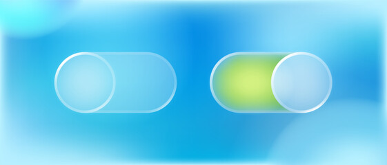 Glassmorphism style toggle switch UI element. Includes both on and off states. Modern, transparent, minimal vector design for sleek interfaces in apps, dashboards, and websites