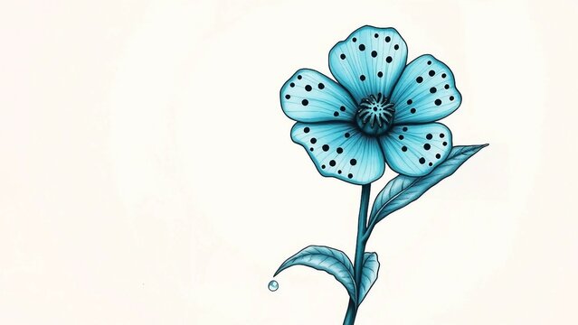 Detaillierte Zeichnung einer stilisierten blauen Blume mit Tupfen und Bl&auml;ttern auf wei&szlig;em Hintergrund &ndash; minimalistisch und dekorativ.