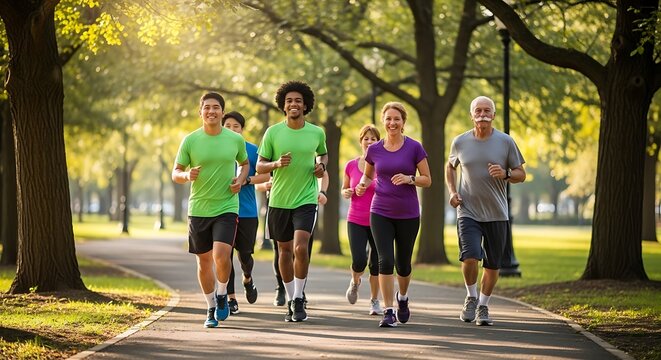 Diverse Group of People Enjoying a Morning Run in a Park