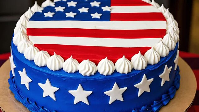 A decorated cake with red, white, and blue frosting. The top features an American flag design. Stars and stripes are prominent, symbolizing patriotism.