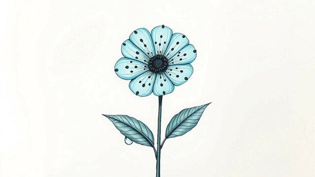 Detaillierte Zeichnung einer stilisierten blauen Blume mit Tupfen und Bl&auml;ttern auf wei&szlig;em Hintergrund &ndash; minimalistisch und dekorativ.