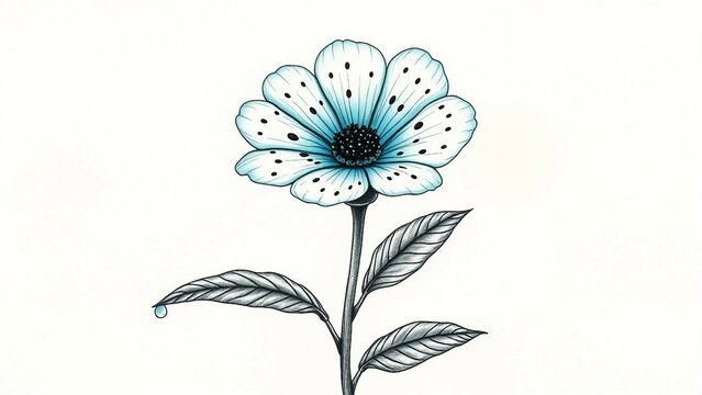 Detaillierte Zeichnung einer stilisierten blauen Blume mit Tupfen und Bl&auml;ttern auf wei&szlig;em Hintergrund &ndash; minimalistisch und dekorativ.