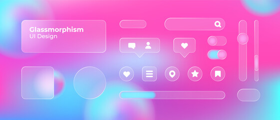 Glassmorphism UI. User interface elements for mobile app. Glass texture icons set. Vector. Simple modern design. For web, social media, business. Eps10 illustration. Abstract background. Pink color.