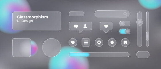 Glassmorphism UI. User interface elements for mobile app. Glass texture icons set. Vector. Simple modern design. For web, social media, business. Eps10 illustration. Abstract background. Grey color.