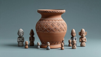 Ancient pottery vase and statues arrangement reflecting ancient cultures and religious practices