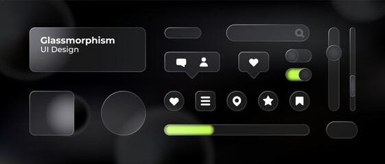 Glassmorphism UI. User interface elements for mobile app. Glass texture icons set. Vector. Simple modern design. For web, social media, business. Eps10 illustration. Abstract background. Black color.