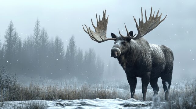 A full-body view of an Ice Age moose, resembling an ancient Alces alces species,