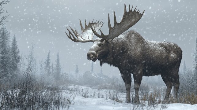 A full-body view of an Ice Age moose, resembling an ancient Alces alces species, standing in a vast glacial tundra landscape.