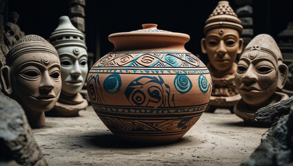 Ancient pottery vessel adorned with traditional artwork amongst sculpted human face statues
