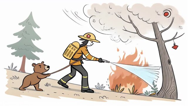 Stickman Firefighter Extinguishing Fire With Bear on Leash in Cartoon Style