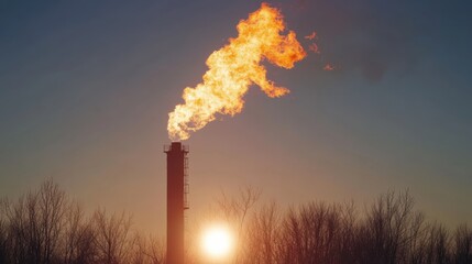 Industrial Flare Igniting Against Sunset Sky with Silhouetted Trees in Background