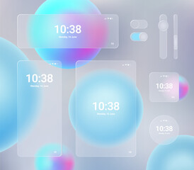 Glassmorphism UI. User interface elements for mobile app. Glass texture icons set. Vector. Simple modern design. For web, social media, business. Eps10 illustration. Abstract background. Blue color.