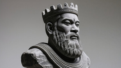 Ancient stone bust of a bearded king wearing a crown portrait in grey tones