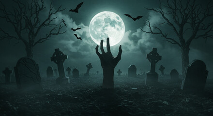 A haunting and atmospheric graveyard scene depicting a skeletal hand emerging from the dark earth, reaching dramatically toward a glowing full moon in the sky. Surrounding the hand are aged tombstones