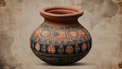 Ancient pottery with decorative patterns and a rustic texture on a vintage style backdrop