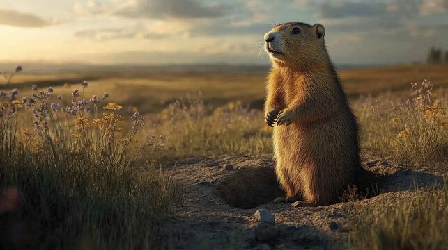 A full-body Steppe Marmot (Marmota bobak), standing alert on hind legs at the entrance of its burrow in an expansive Eastern