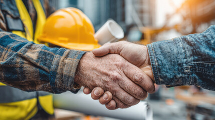 Two construction workers firmly shake hands in agreement against the backdrop of a bustling construction site, symbolizing a successful partnership and cooperation.