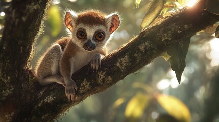 Fototapeta premium A full-body portrait of a small lemur from the Cheirogaleidae family, such as a mouse lemur or dwarf lemur, perched on a tree branch