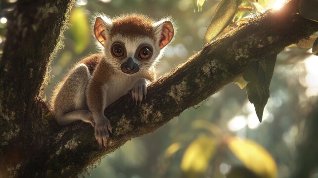 A full-body portrait of a small lemur from the Cheirogaleidae family, such as a mouse lemur or dwarf lemur, perched on a tree branch