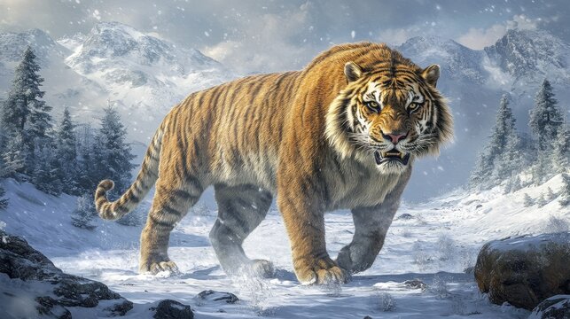 A full-body portrait of a saber-toothed tiger (Smilodon) from the Ice Age, standing alert in a prehistoric snowy tundra.