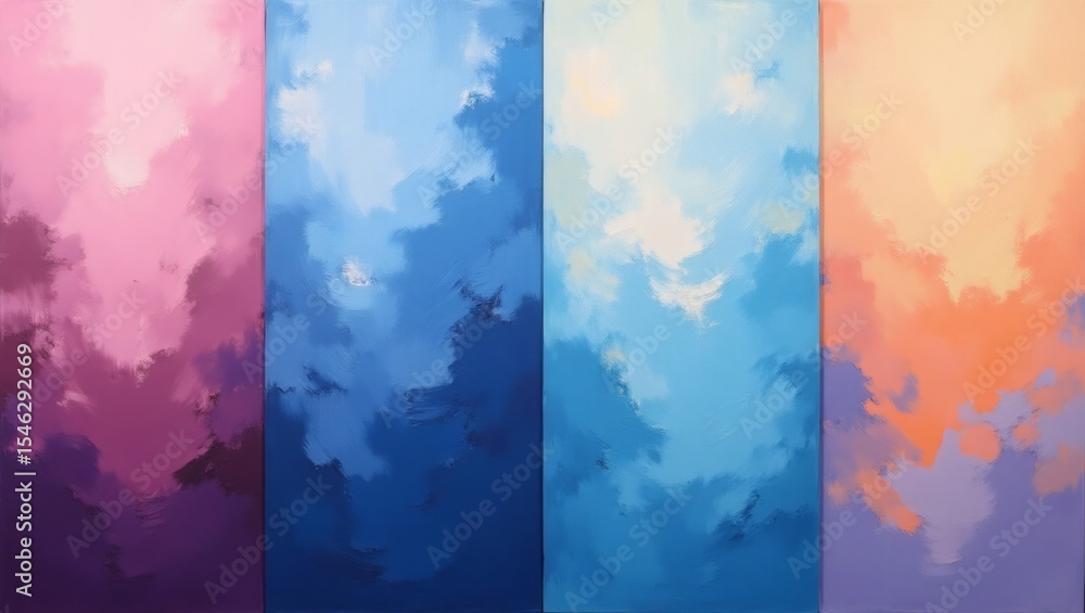 Poster abstract artwork of pastel clouds. This artistic depiction features four panels, each showcasing a blend of colors in an impressionistic style
