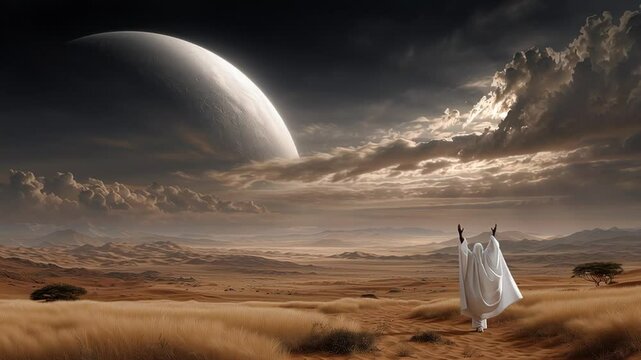 Robed traveler traversing desolate extraterrestrial ground, lifting arms toward looming exoplanet dominating stormy celestial backdrop, symbolizing cosmic spiritual migration, Hooded pilgrim