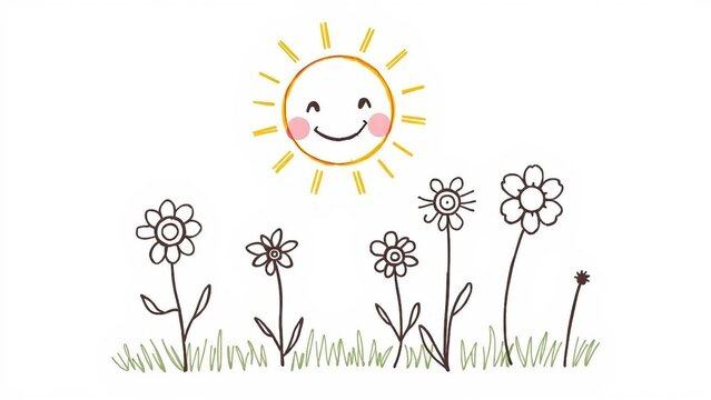 Handgezeichnete, fr&ouml;hliche Sonne mit Gesicht &uuml;ber stilisierten Blumen auf wei&szlig;em Hintergrund &ndash; kindlich, verspielt und optimistisch.