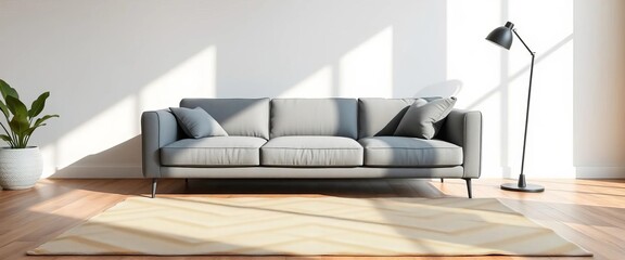 Sleek gray sofa, geometric patterned rug, minimalist decor, natural light,  sofa,  clean lines