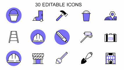 Labor line editable icon set. Contains icons related to labor, construction, labour day, renovation, and more. Vector illustration. make 30 vectors on one image