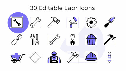 Labor line editable icon set. Contains icons related to labor, construction, labour day, renovation, and more. Vector illustration. make 30 vectors on one image